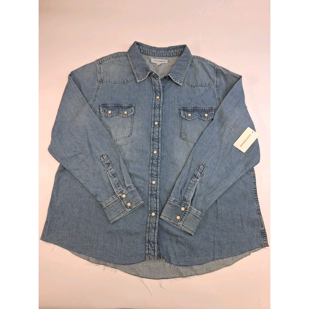 Lucky Brand Women's XL Denim Pearl Snap Button Up Shirt w/Pockets & Raw Hem NWT